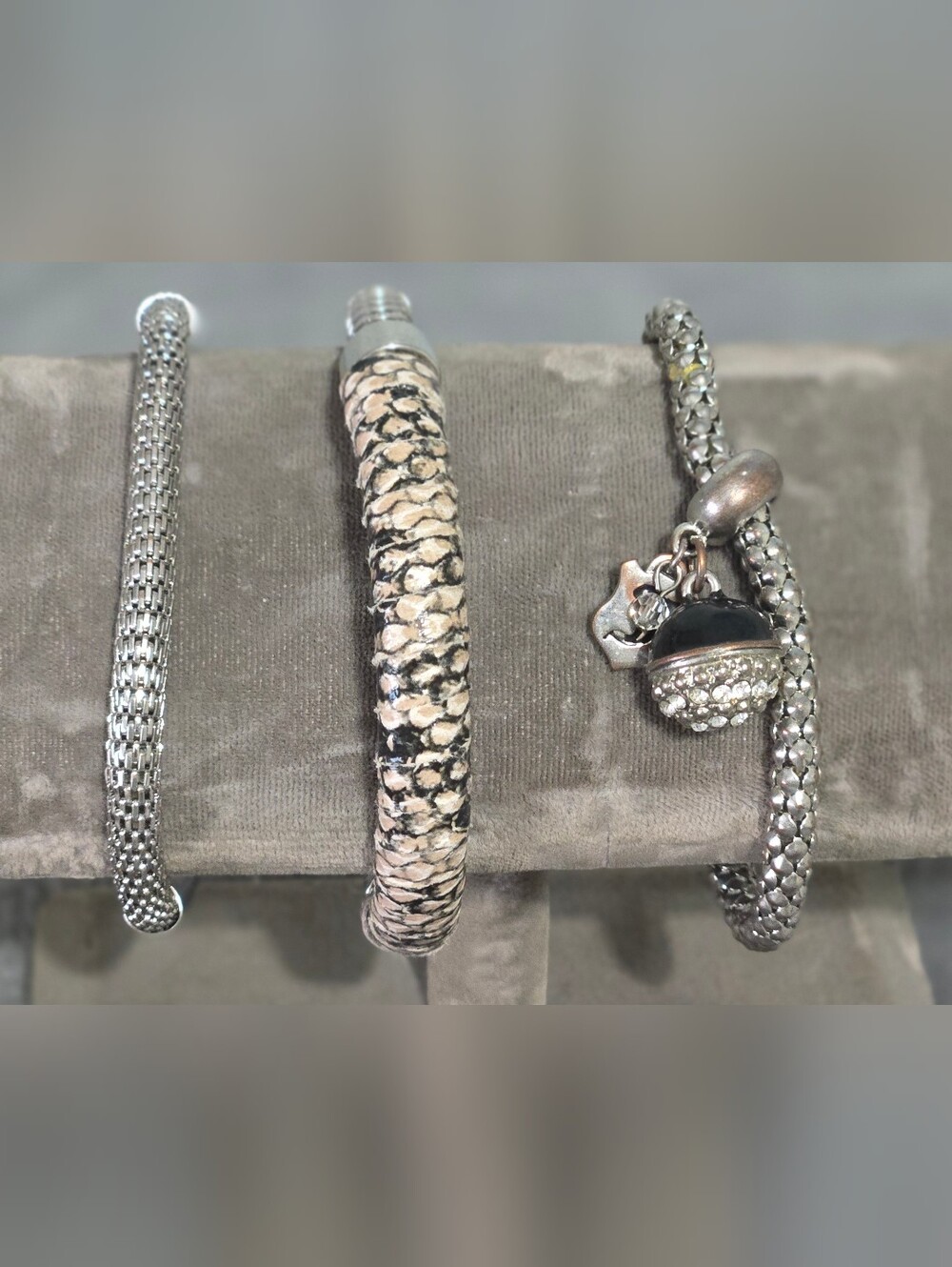 Lot of 3 Metallic Mesh Bracelets + Snakeskin Cuff + Silver Beaded Charm Bracelet